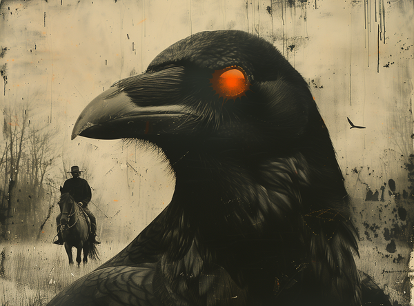 Close up of a raven with red eyes. Lurking just beyond it is a maske man riding a horse.